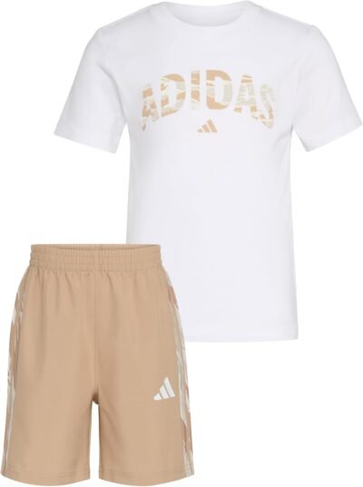 adidas Boys' Short Sleeve Cotton Tee Shirt and Camo 3-Stripe Woven Short Set, White, 7