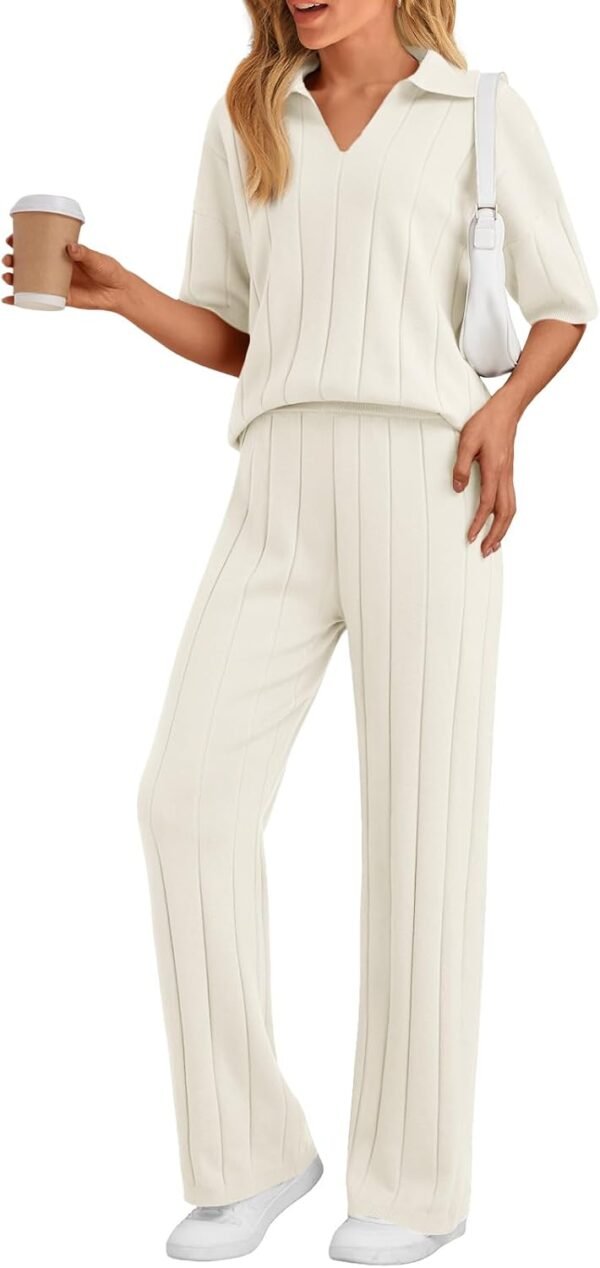 LILLUSORY Womens 2 Piece Ribbed Knit Lounge Sets Casual V Neck Top Pants Vacation Outfits