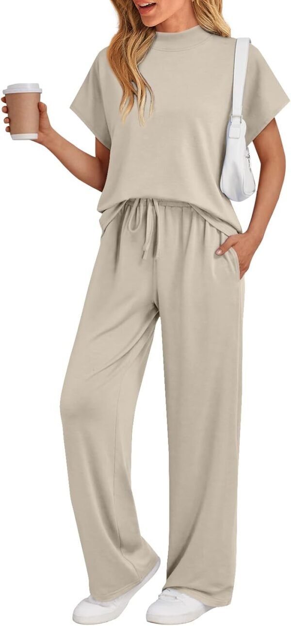 AUTOMET Women's Mock Neck 2 Piece Lounge Set Matching Summer Loose Fit Wide Leg Pants Set