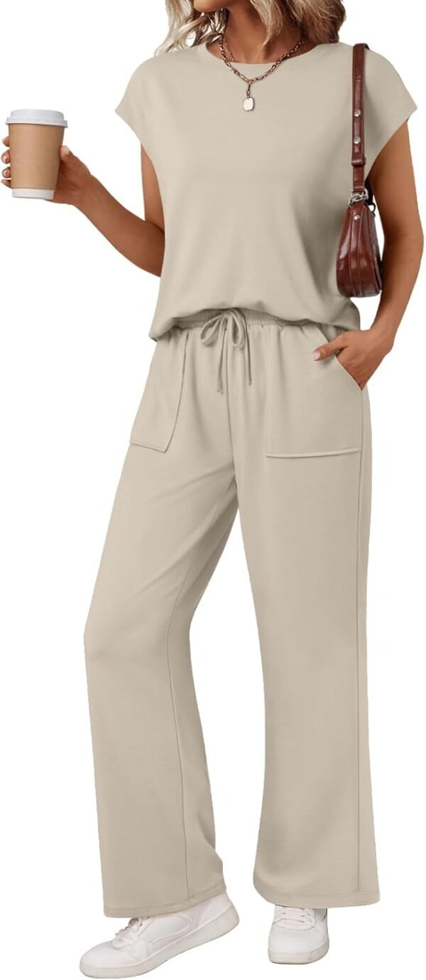 AUTOMET Women's 2 Piece Lounge Set Casual Cap Sleeve Top Wide Leg Pants Summer Vacation Outfits