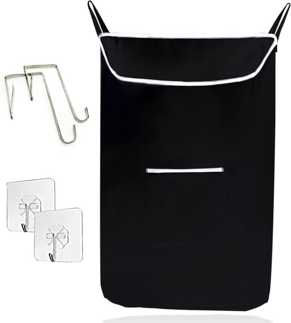 The Fine Living Co. Large Hanging Laundry Hamper with Over Door Hooks & Adhesive, Durable Space Saving Laundry Bag with Zipper and Wide Open Top, Hanging Dorm Laundry Hamper 18"x4.75"x28" (Black-L)