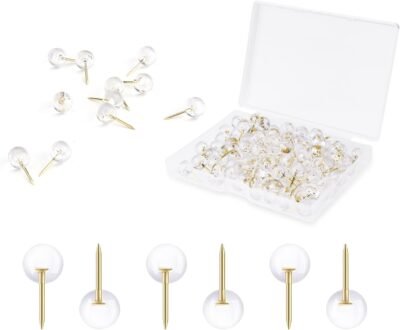 AIEX 100pcs Clear Round Push Pins, Gold Ball Push Pins with Storage Box Round Thumb Tacks Bulk for Daily Study Office Data Storage Organizing Files (Gold)