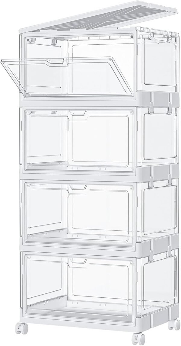 SNSLXH Clear Storage Bins with Lids & Wheels, Stackable Plastic Craft Containers, Large Closet Organizers Box for Bedrooms Living Rooms 24 QT, 4-Tiers