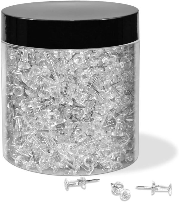 JIKIOU Push Pins Tacks 800 Count in Reusable Box, Standard Clear Thumb Tacks Steel Point and Clear Plastic Head for Wall Corkboard Map Calendar Photo Home Office Craft Projects Plastic Head Steel Pin