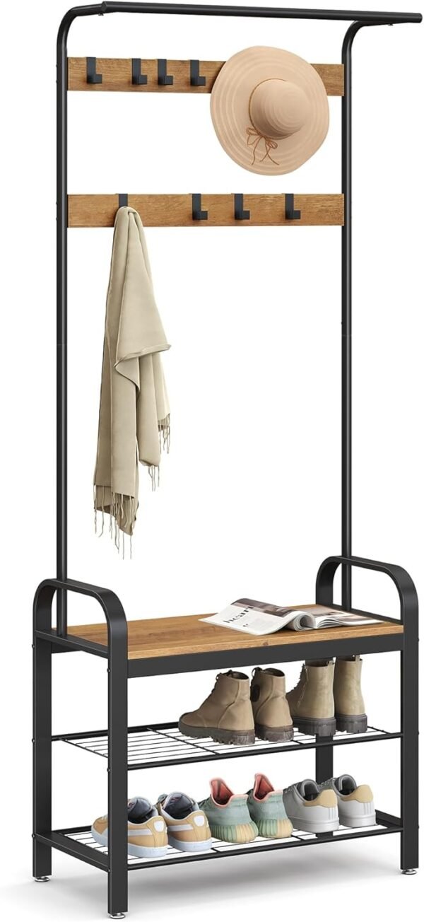 VASAGLE Coat Rack, Hall Tree with Shoe Bench for Entryway, Entryway Bench with Coat Rack, 4-in-1, with 9 Removable Hooks, a Hanging Rod, 13.3 x 28.3 x 72.1 Inches, Rustic Walnut and Black UHSR040B41