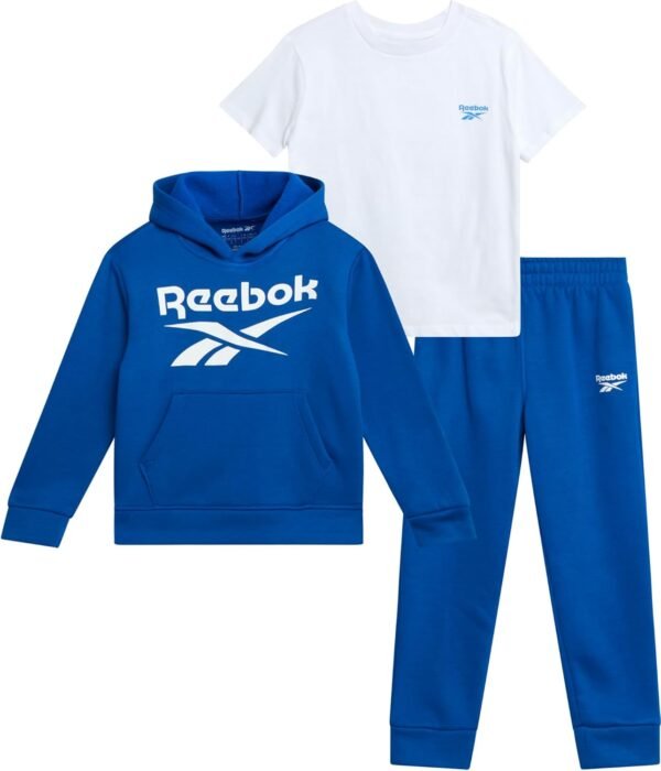 Reebok Toddler Boys Sweatsuit - 3 Piece Cozy Fleece Toddler Boy Outfits with Pullover Hoodie, Athletic Shirt and Boys Joggers