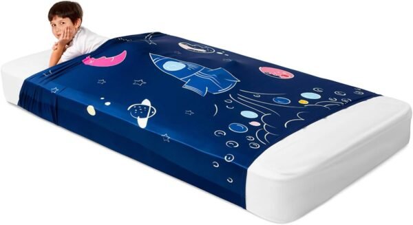 Sensory Compression Sheet for Kids, Twin Size Stretchy Bed Compression Blanket Sheet with Breathable Fabric, A Smart Weighted Blanket Alternative, Mattress Fitted Bedding, Dream Rocket Ship Design
