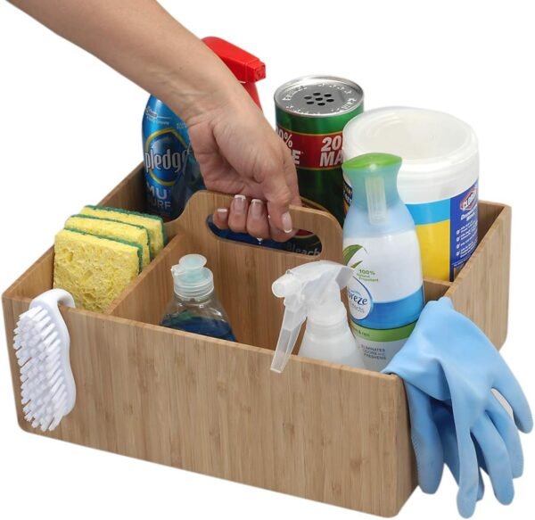 MobileVision Bamboo Multi-Purpose Caddy with Handle, 3 Sections, Sturdy Durable Carrier for Cleaning Supplies, Spray Bottles, Towels, Sponges and more