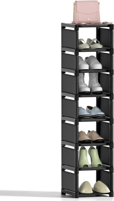 8-Tier Vertical Shoe Rack Narrow Space Saving Corner Organizer Metal Free Standing Storage Non-Woven Fabric Shelf for Closet Entryway Bedroom Garage-Black