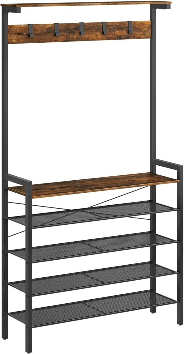 HOOBRO Hall Tree with Bench, Coat Rack with Shoe Storage, Shoe and Coat Rack, 5-Tier Entryway Shoe Storage, 5 Hooks, for 12-16 Pairs, Industrial, Hallway, Foyer, Mudroom, Rustic Brown BF74MT01
