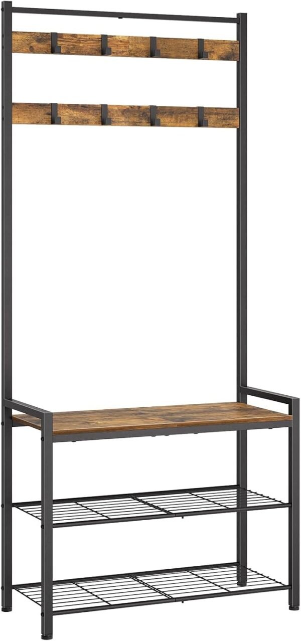 Hall Tree, Coat Rack with Shoe Bench, Entryway Bench with Shoe Storage, Multifunctional Entryway Storage Organizer, Metal Frame and 8 Movable Hooks, for Hallway, Rustic Brown MT01BR