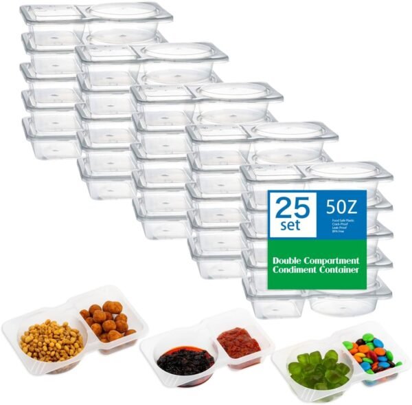 25 Pack Double Compartment Condiment Container with Lid, 5oz Disposable Small Snack Container 2 Compartment for Meal Prep, Salad Dressing, Dipping Sauce, Travel Snacks