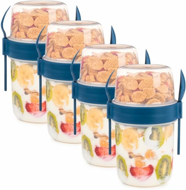 4 Pack On The Go 22 oz Breakfast Cups with Lids and Spoon, Reusable Cereal Yogurt Cup with Topping Plastic Overnight Oats Container for Granola Oatmeal (37 oz - Navy Blue - 4 Pack)