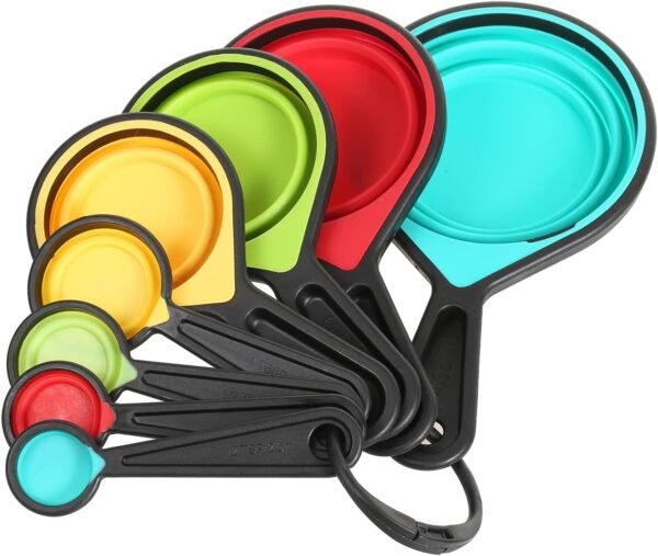Collapsible Silicone Measuring Cups and Spoons Set 8-Piece Adjustable Measuring Cup Camper Kitchen Accessories Measure Cups and Spoons Set