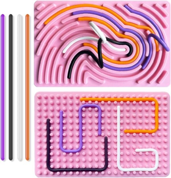 Sensory Activity Board for Kids, Silicone Fidget Toys for Calming, Stress, Anxiety, ADHD & Autism, Double-Sided Fidget Board Toys for Adults Includes Portable Travel Bag & 20 Strings (Pink)