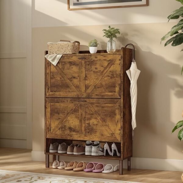 Shoe Cabinet for 24 Pairs (Including Size 13) – Farmhouse Narrow Slim Design with 2 Flip-Drawers & Coat Hooks – Freestanding Hidden Shoe Organizer for Entryway, Front Door & Hallway Brown