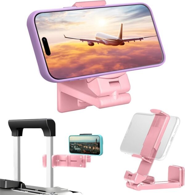 Airplane Phone Holder,Portable Universal Phone Mount with Multi-Directional Rotation,Hands Free Travel Accessories for Airplane Seat Back,Table,Home,Kitchen,Office.Air Travel Accesories Must Have-Pink