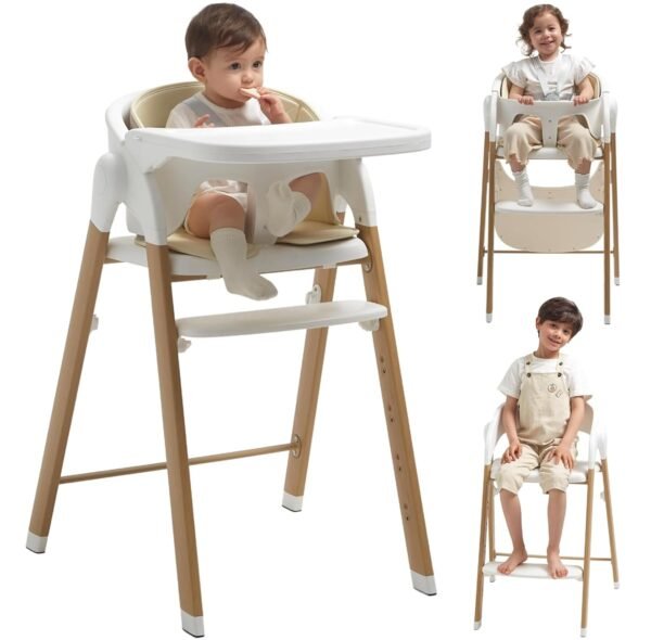 High Chair for Babies and Toddlers Adjustable Foldable Convertible 5 Point Harness Easy Clean Wood-Printed Metal with Removable Tray Baby Highchair for Family (White&Natural Wood-Printed Metal)