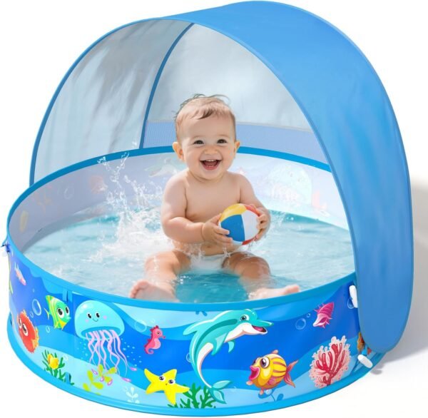 Baby Beach Tent, Pop-Up Above Ground Pool, Foldable Kiddie Pool with Sun Shelter Canopy for Ages 9-48 Months, Toddler Wading Pool, Portable Water Play Sum Toys for Outdoor Activity