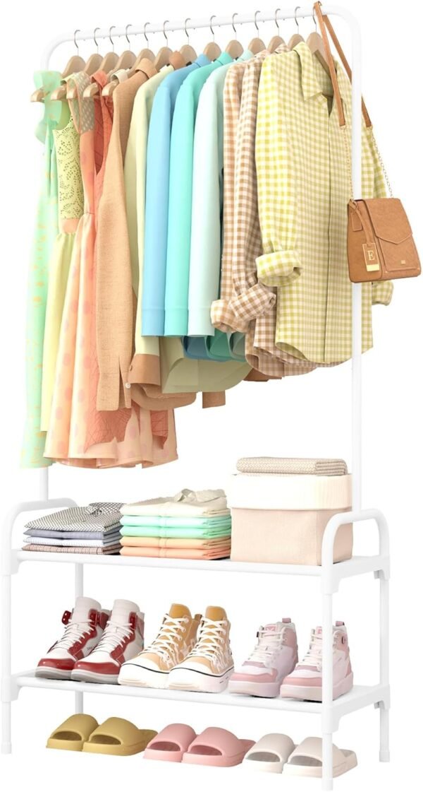 Clothes Rack - Multi-Functional Clothing and Shoe Rack with Anti-Slip Stopper, Large-Capacity 2-Tier Shoe Organizer for Bedroom, Entryway, and Laundry Room, 29" x 11.8" x 59", White