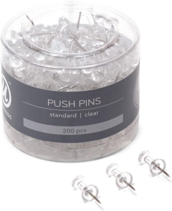 U Brands Push Pins, Clear Plastic Head Thumbtacks, Steel Point, 200-Count