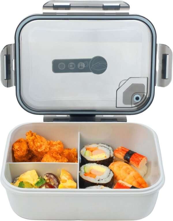 Bento Box Adult Lunch Box, 3 Compartment Meal Prep Containers with Lids, Clear Lunch Box Containers for Adults Men Women, Food Storage Containers - Microwave, Dishwasher Safe (Gray-Solid)