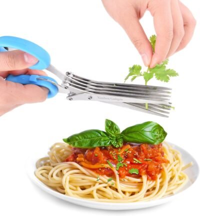 Herb Scissors - with Kitchen Gadgets Retail Package - Multipurpose Kitchen Shears - 5 Extremely Sharp Stainless Steel Blades - Handy Cleaning Comb - Multi Blade - Time-Saving - Chop Herbs