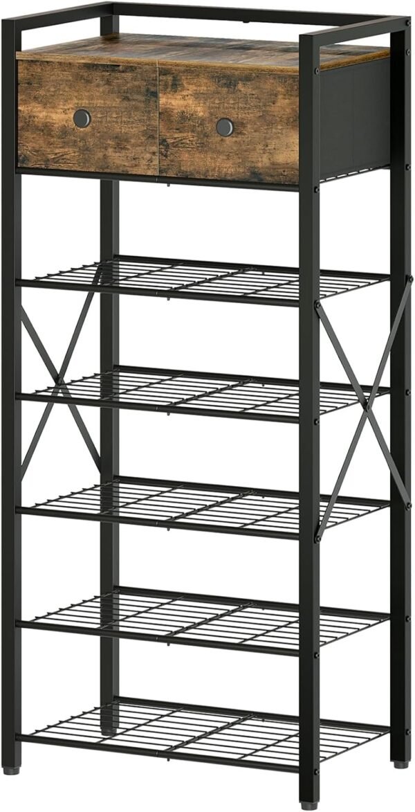 Shoe Rack, 7-Tier Shoe Storage Organizer for Entryway, Free Standing Shoe Shelf with 2 Non-Woven Drawers, Metal Frame, for Closet, Hallway, Garage, Rustic Brown and Black SS07BR