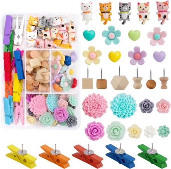 72PCS Push Pins Cute Cat Thumb Tacks Decorative Push Pins Wood Pin Board Tacks Assorted Colors Flower Push Pin Clips for Cork Board Wall Cubicle Accessories for Home Office Cute Desk Accessories