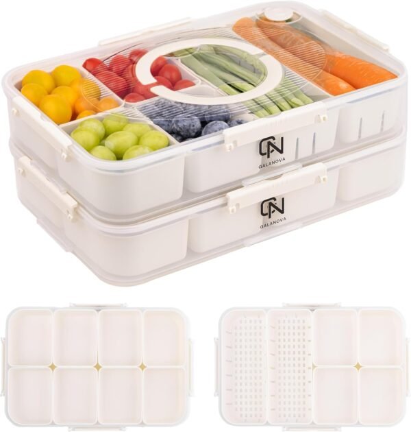 Stackable Snackle Box Container with 2 Lids - 14 Compartment BPA-Free Snackle box Organizer, Dishwasher & Microwave Safe Reusable Snacklebox for Veggies, Fruits, Charcuterie, and Snacks, 2Pack