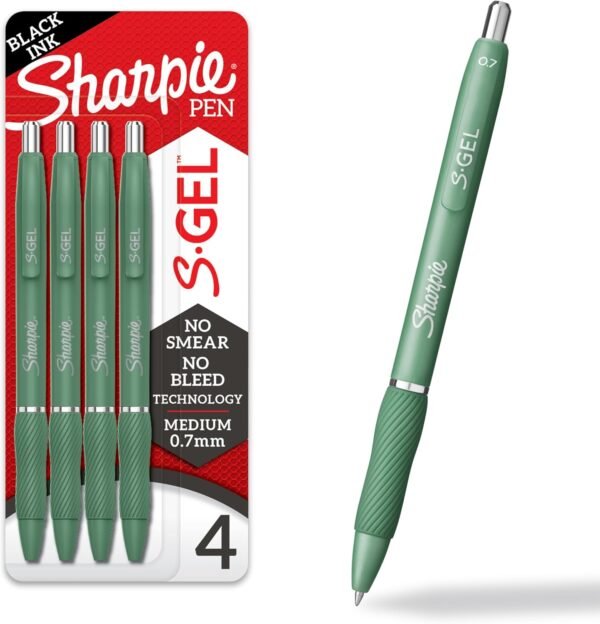 SHARPIE S-Gel Gel Pens Drawing Pens Gel Ink For Journaling Writing Coloring Medium Point (0.7Mm) Green Barrel Black Ink 4 Count
