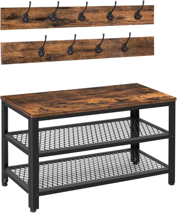 HOOBRO Hall Tree Entryway Storage Bench, Coat Rack Shoe Bench, Shoe Rack Organizer with Coat Hooks, 3-in-1 Design, Wooden Furniture with Metal Frame, Rustic Brown and Black BF17MT01