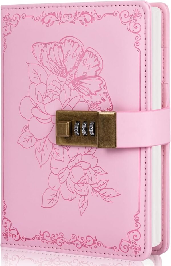 Billtigif Diary with Lock, Vintage Lock Journal for Women and Girls, Hardcover Leather Journal for Gift, Refillable Lined Journal Notebook,5.2"x 7.3", （Pink）