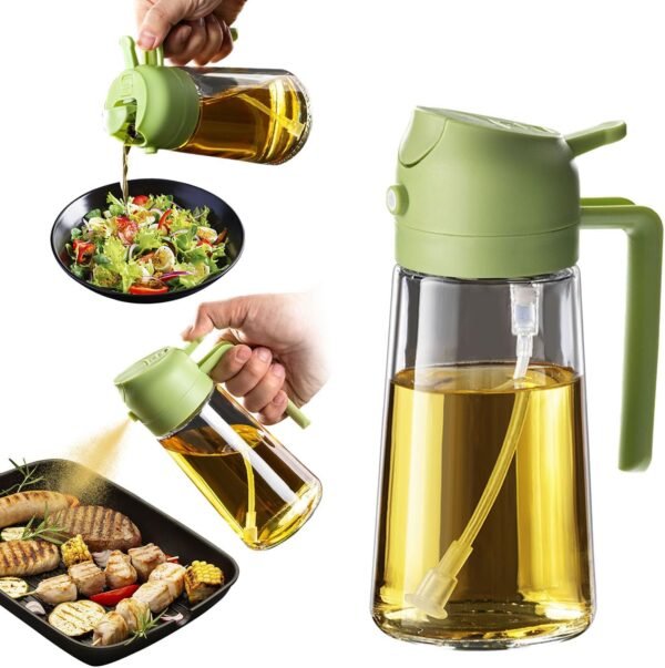 TrendPlain 16oz/470ml Glass Olive Oil Sprayer for Cooking - 2 in 1 Olive Oil Dispenser for Kitchen Gadgets, Air Fryer, Salad, and BBQ - Green