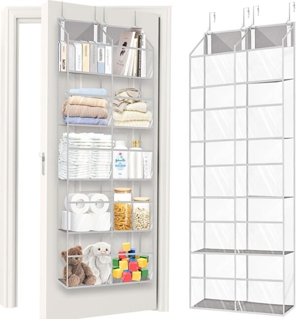 Over the Door Organizer 5 Tiers,Extra Large Behind Door Storage of 10 Compartments,50 lbs Weight Capacity Over the Door Storage, Clear Door Hanging Organizer for Closet, Diaper Organizer, Toy Storage