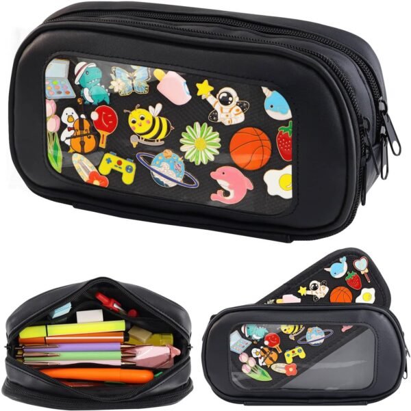 Pencil Pouch Cute Pin Display Ita Bag Pen Case Organizer For Teen Girls Womens Portable College Office Marker Pen Case Back To School Essentials, Black