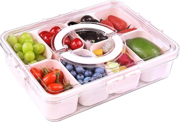 Yuroochii Snackle Box Container, Portable Snack Box 8 Compartment Divided Serving Tray with Lid & Handle, Clear Snack Charcuterie Platter for Travel Candy Party Fruit Salad (Pink)
