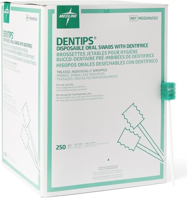 Medline Dentips Disposable Oral Swabsticks, Adult Mint Dentifrice-Treated, Green, 250 Count