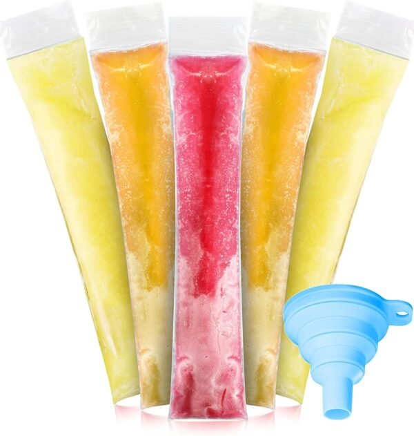 Disposable Ice Popsicle Mold Bags, 100 Pack 8.7"W x 1.8"H BPA-Free Freezer Pop Bags with Zip Seals & Funnel for Healthy Snacks Yogurt Sticks Juice & Fruit Smoothies