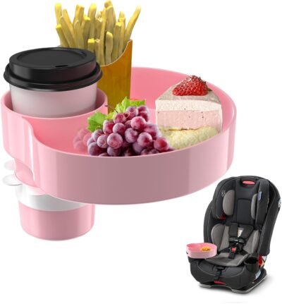Kids Car Seat Tray, Travel Tray with Cup Holder for Toddler Baby, Kids Car Seat Food Snack Organizer for Road Trip, Stroller snack tray travel must haves - Pink