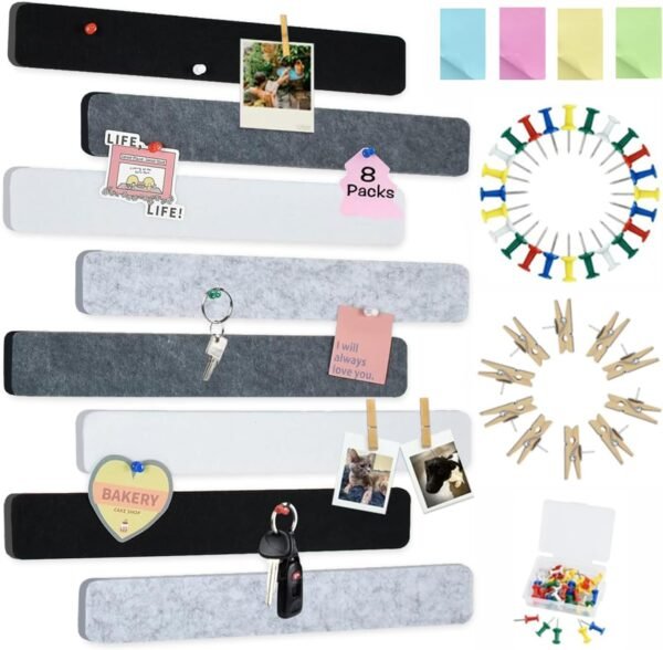 Vuzvuv 8 pcs Bulletin Board Bar Strips with 50 Pushpins & 10 Wooden Clip pins,Self Adhesive Cork Board for Wall,Felt Pin Board for School,Office Decor(Black White Grey)