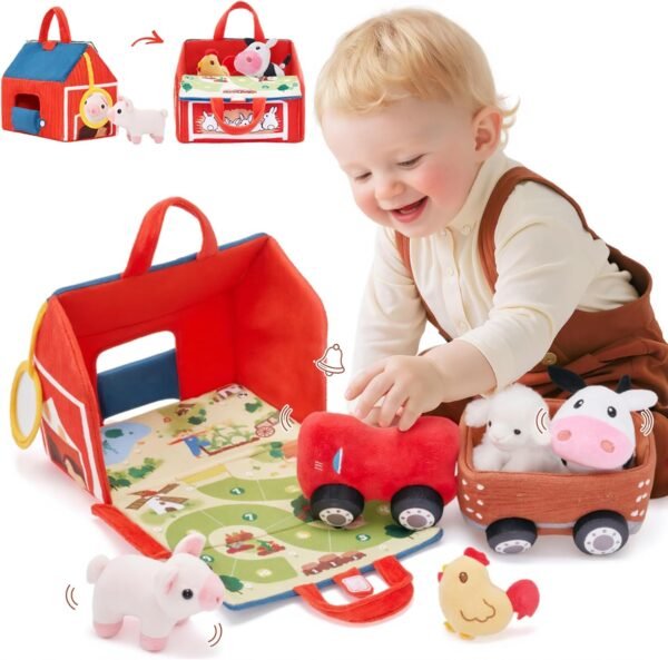 OUOZZZ Farm Stuffed Animals Toys Set for Toddlers 1 2 3 Year Old Soft Plush Playhouse with Sensory Tractor, Animal Friends with Bell Sound & Activity Mat – Portable Toy Gift for Baby Boys & Girls