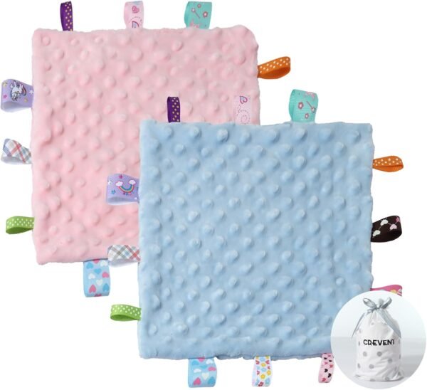 CREVENT Tag Security Blankets for Babies, Soft Small Loveys for Boys, Baby Comforter Sensory Blanket, Great Gifts for Birthday Baby Shower (10"X10" Blue + Pink Tag)