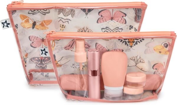 Tiny Twinkle Mess-proof Travel Bags, Airline Compliant, Zipper Closure, Clear Front Pouch, Diaper Bag Packing, Toiletry or Cosmetics Organizer 2 Pack Set (Flutter)
