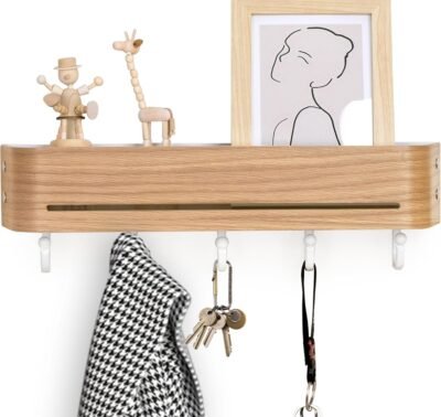 Coat Rack Wall Mount-16.9" Wall-Mounted Organizer with Shelf & Key Holder & Pet Leash Storage | Family-Safe Design for Entryway/Hallway/Mudroom/Farmhouse | Oak,White/5 Hooks