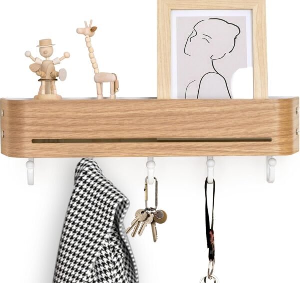 Coat Rack Wall Mount-16.9" Wall-Mounted Organizer with Shelf & Key Holder & Pet Leash Storage | Family-Safe Design for Entryway/Hallway/Mudroom/Farmhouse | Oak,White/5 Hooks