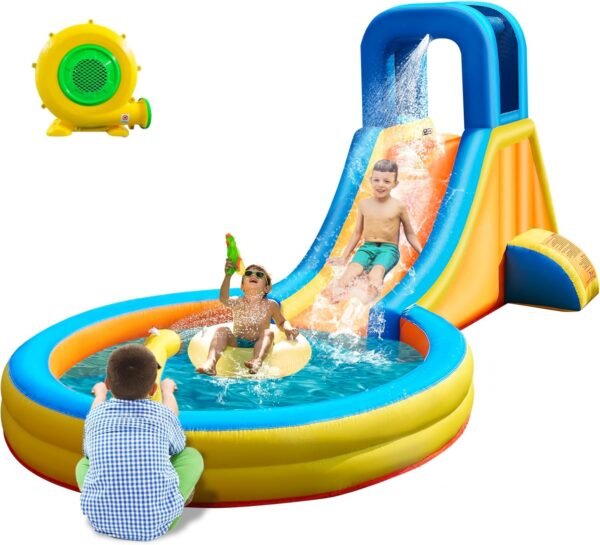 Inflatable Water Slide for Kids – 5-in-1 Blow Up Bounce House with Long Slide, Climbing Wall, Splash Pool, Water Cannon, Spray Water Spout – Backyard Toddler Water Park with 370W Blower & Storage Bag