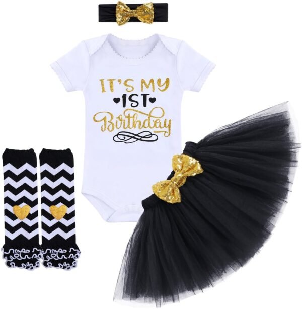 OBEEII Baby Girl 1/2 1st 2nd Birthday Outfit Short Sleeve Romper Tutu Skirt Headband Leg Warmers Set Cake Smash Photoshoot