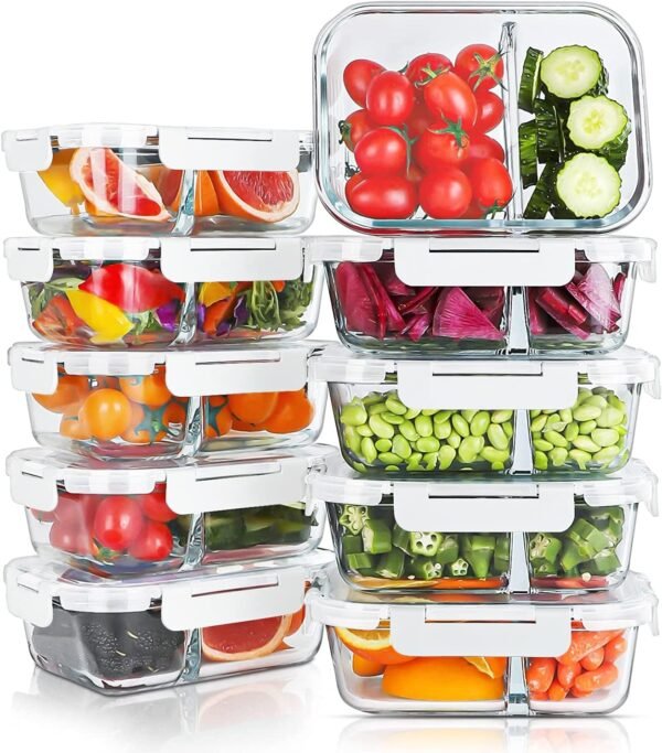 10 Packs 30oz Glass Meal Prep Containers 2 Compartments,Glass Food Storage Containers with Lids,Airtight Lunch Bento Boxes,Oven,Freezer and Dishwasher Safe, White