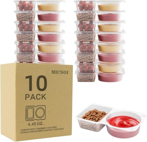 10 Pack Snack Containers, Reusable 2 Compartment Condiment Containers with Lids, Ideal for On-the-Go Mini Sauce Boxes & Lunchable Snack Packs for Kids and Adults, BPA-Free